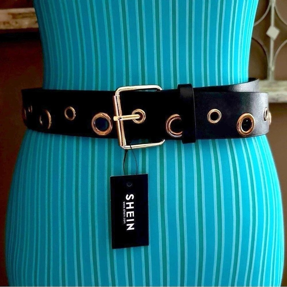 SHEIN Black Faux Leather Grommet Belt Gold Buckle Punk Style Accessory